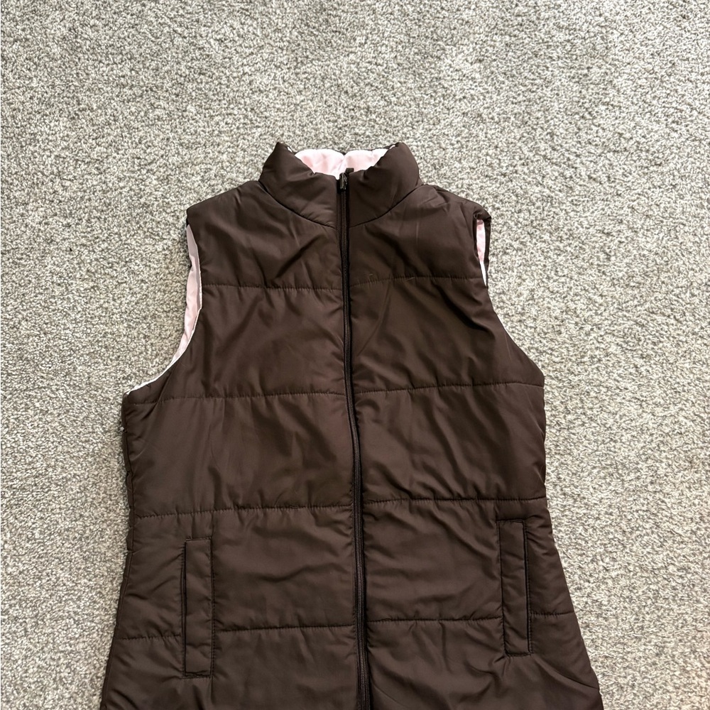 Reversible Brown Quilted Puffer Vest with Pink Lining
